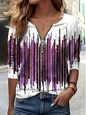 abordables T-shirt Art &amp; Design-Femmes T-shirt Graphique Géométrique Abstrait ancien Mode Moderne manche longue Col en V Hauts Réguliers Quotidien Week-end Fermeture éclair Imprimé Bleu Violet Vert Printemps Automne
