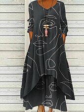 preiswerte Druck Blumen Kleider-Damen Langes Kleid Maxikleid Freizeitkleid Druckkleid Mode Modern Täglich Strand Wochenende Normale Passform Grafik Dreiviertelarm V Ausschnitt Schwarz Blau Grün Frühling Herbst