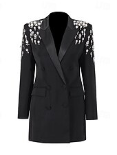 levne černý-Dvouřadé sako na míru s křišťály, pouzdrové / sloupkové šaty ve smokingu, večerní šaty ve stylu couture, elegantní šaty pro formální večírek, krátké / mini šaty s dlouhým rukávem, saténové šaty s