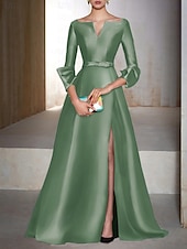 abordables Vestidos de Noche en A-Corte A Hasta el Suelo Vestidos de noche Corte Cenicienta Vestimenta formal Elegante Sedoso Manga 3/4 Escote en Pico Invitado a la boda Fiesta de Cóctel Satén con Abertura