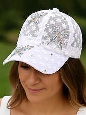 olcso Női kalapok-női légáteresztő, hálós, virágmintás, strasszos baseballsapka - elegáns pillangós dizájn, ideális divatos szabadidős tevékenységekhez, szabadtéri tevékenységekhez és bulikhoz