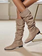 olcso Slouch Boots-női bő, térdig érő, lapos csizma - bézs művelúr retró stílusú, őszi divatos csizma hétköznapi viseletre és kosztümökbe