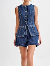 cheap Women&#039;s Blouse Suits-Women&#039;s Active Fashion Blouse Shorts Sets Sleeveless Crew Neck Solid Color Split Thigh Vacation Casual Daily Blue Summer Regular Fit