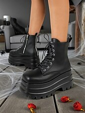 abordables Pour les femmes-Bottines à plateforme pour femmes à imprimé chauve-souris d&#039;Halloween – Bottines de combat à talons épais et lacets de style gothique punk pour fêtes, cosplay et soirées