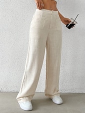 preiswerte Schlichte Hose aus Baumwollleinen-Damen Weites Bein Chinos Mode Basic Lässig Volle Länge Mittlere Taillenlinie Einfarbig Tasche Komfort Außenbereich Unelastisch Urlaub Straße Täglich Schwarz Weiß Blau Aprikose Sommer Frühling Herbst