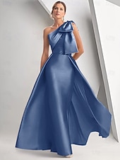 abordables Champagne-Robe de soirée A-Line élégante robe formelle longueur sol sans manches épaule unique mariage d&#039;automne satin avec nœud(s)