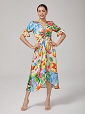 abordables Robes décontractées-Femmes Féminin Robe Décontractée Robe Midi Arc-en-ciel Manche Courte Floral Été Printemps Inter-saisons Col en V Vacances Bohème XS S M