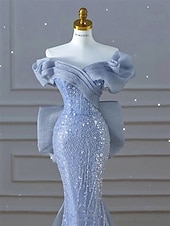 levne Plesové šaty-Modré Mořská panna  Trubkované šaty s party Elegantní šaty pro svatbu Svatební hosté Skoz  Vzrušující vlaky bez rukávů Off-shoulder Tyl s flitry a mašlí