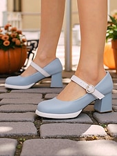 abordables Retro de los años 50-Tacones Mary Jane mod de los años 50 para mujer: zapatos retro de tacón grueso con punta redonda en azul y blanco con correa para atuendos vintage, fiestas de té o uso diario.