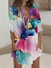 preiswerte Blusenkleider-Damen Minikleid A Linie Kleid Figurbetontes Kleid Urlaub Lässig Party Täglich Date Normale Passform Ombre Blumen Grafik Langarm Hemdkragen Weiß Sommer Frühling Herbst