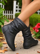 baratos Botas Slouch-Botas largas femininas de couro sintético marrom – sapatos retrô de salto baixo e cano médio para o outono, caminhadas diárias e passeios casuais