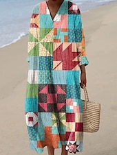 preiswerte Streifen- und geometrische Kleider-Damen Midikleid Sommerkleid A Linie Kleid Urlaub Lässig Boho Party Strand Lässiger Schnitt Grafik Geometrisch Abstrakt Langarm V Ausschnitt Rosa Rote Blau Orange Sommer Frühling Herbst