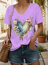 abordables T-shirt floral-Femmes T-shirt Cœur Fleuri Graphique ancien Mode Hawaïen Manche Courte Col en V Hauts Réguliers Quotidien Sortir Week-end Imprimé Noir Blanche Jaune Rose Claire Bleu Été Printemps