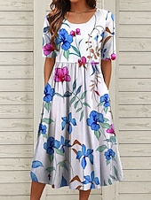 voordelige Bloemenjurk-Dames Halflange jurk Zomerjurk Geplooide jurk Vakantie Casual Feestdagen Normale pasvorm Bloemig Grafisch Halve mouw Strakke ronde hals blauw Bruin Groen Zomer Lente
