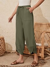 economico Pantaloni in lino e cotone semplici-Per donna Pantaloni in cotone e lino Chinos Moda Essenziale Lunghezza intera Vita Alta Semplice Tasca Coulisse Comodità All&#039;aperto Micro-elastico Vacanza Streetwear Quotidiano Esercito verde Nero Blu