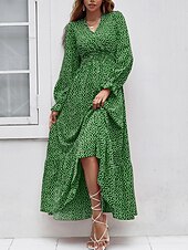 preiswerte Elegante Blumenkleider-Damen Langes Kleid Maxikleid Freizeitkleid Druckkleid Mode Modern Täglich Strand Wochenende Normale Passform Blume Langarm V Ausschnitt Schwarz Rote Blau Grün Sommer Frühling Herbst