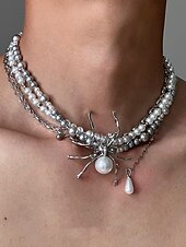 preiswerte Halloween-Zubehör-Halloween-Spinnenhalskette für Damen – Gothic-Punk-Design aus Legierung und Kunstperlen mit Stacheln und Ketten, auffälliger Modeschmuck für Partys, Cosplay und gruselige Abende