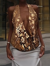 billige Sexy topper for kvinner-Dame Bluse Blomsternål i krystall Stilfull Moderne Ermeløs V-hals Vanlige topper Daglig Ut på byen Trykt mønster Åpen rygg Brun Grønn Sommer
