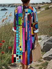 preiswerte Streifen- und geometrische Kleider-Damen Midikleid Sommerkleid Shiftkleid Urlaub Lässig Strand Ausgehen Strand Lässiger Schnitt Grafik Geometrisch Abstrakt Langarm V Ausschnitt Rosa Blau Orange Sommer Frühling Herbst