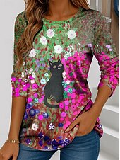 ieftine Tricou cu animale-Pentru femei Tricou Floral Grafic Pisica Epocă Stilat Clasic Manșon Lung Stil Nautic Topuri obișnuite Zilnic Sfârșit de săptămână Imprimeu Roz Îmbujorat Portocaliu Trifoi Primăvară Toamnă