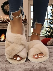 ieftine Flip-Flops de Damă-Papuci pufoși încrucișați pentru femei cu vârful deschis – sandale confortabile din blană artificială pentru interior, pentru iarnă, relaxare și dormitor