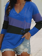 billige Stripe og geometrisk t-skjorte-Dame T skjorte Grafisk Geometrisk Årgang Stilfull Klassisk Langermet V-hals Vanlige topper Daglig Helg Trykt mønster Gul Rød Blå Grønn Vår Høst