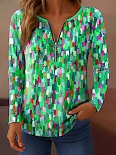 abordables T-shirt Art &amp; Design-Femmes T-shirt A Ombre Graphique Abstrait Élégant ancien Classique manche longue Col en V Hauts Réguliers Quotidien Week-end Fermeture éclair Imprimé Rose Claire Bleu Orange Vert Printemps Automne
