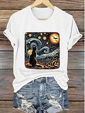 abordables Hauts d&amp;#39;Halloween-Halloween Femmes T-shirt Graphique Crâne Chat ancien Élégant Classique Manche Courte Col ras du cou Col rond Hauts Réguliers Quotidien Week-end Imprimé Noir Blanche Bleu Orange Gris Été Automne