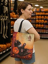 preiswerte Taschen-Halloween-Tragetasche für Damen mit süßem Katzenaufdruck von Kayomi Harai, große Canvas-Umhängetasche für Süßes oder Saures und Partys