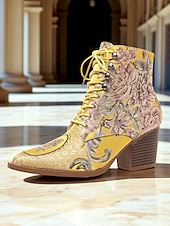 abordables années 1930-Bottines à lacets en jacquard jaune pour femmes avec talons épais - bottes courtes baroques de style victorien de la fin du XIXe siècle pour dames, idéales pour les tenues d&#039;automne, les fêtes
