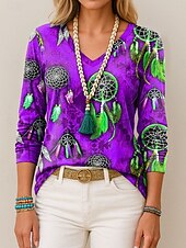 ieftine tricou boho-Pentru femei Tricou Grafic Pană Epocă Stilat Casual Manșon Lung În V Topuri obișnuite Zilnic Imprimeu Albastru piscină Mov Portocaliu Trifoi Vară Primăvară Toamnă