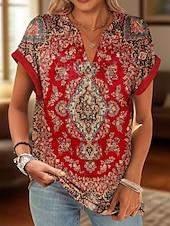 abordables T-shirt floral-Femmes Chemise en coton Fleuri Graphique ancien Tropical Élégant Manche Courte Col en V Hauts Réguliers Quotidien Imprimé Noir Jaune Rouge Bleu Vert Été Printemps