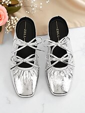 economico Festa Notturna-Mules slip-on da donna con fiocco in argento metallizzato - scarpe basse in similpelle stropicciata, punta quadrata, per outfit da sera e per feste notturne