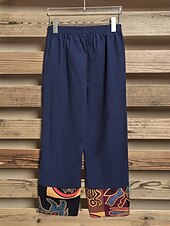 cheap Straight-Leg Pants-Women&#039;s Slacks Pants Trousers Vacation Vintage Ethnic Style Full Length High Waist Floral Graphic Geometic Elastic Waistband Comfy Breathability Soft Inelastic Outdoor Street Daily Black Navy Blue