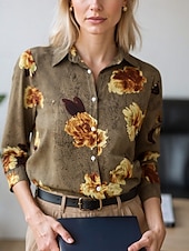 voordelige Vrouwen&#039;s Kunst &amp; Design Tops-Dames Blouse Geklede topjes Chiffon-topjes Grafisch Kleurenblok Elegant Dagelijks Stijlvol Lange mouw Overhemdkraag Normale tops Werk Dagelijks Knop Afdrukken blauw Olijf Smaragdgroen Bruin Regenboog