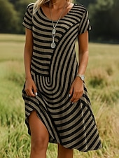 preiswerte Streifen- und geometrische Kleider-Damen Minikleid Freizeitkleid T-Shirt-Kleid Sommerkleid A Linie Kleid Lässig Normale Passform Grafik Geometrisch Kurzarm V Ausschnitt Rote Blau Purpur Braun Sommer Frühling