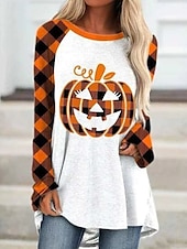 billige Kunst &amp; Design t-skjorte-Halloween Dame T skjorte Grafisk Halloween Årgang Stilfull Fritid Langermet Crew-hals Lange topper Daglig Trykt mønster Svart Hvit Gul Oransje Vår Høst