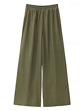  Pantalon large pour femme style bohème, longueur totale, imprimé floral naturel, poches, cordon de serrage élastique, confortable, extérieur, vacances, week-end, vert, été, coupe régulière