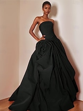preiswerte ROT-Ballkleid A-Linie Abfall Taille Abendkleid Promistil Blumen Kleid Karneval Formal Watteau Zug Ärmellos Strapless Satin mit Rüschchen