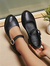 levne Block Heels-Dámské Podpatky Bílé boty Kancelář Práce Přezky Blokovat patu Oblá špička Pohodlné Chůze Kůže Spona Černá Béžová