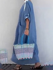 abordables concevoir des robes en coton et lin-Femmes Robe Longue Maxi Robe Robe Décontractée Mode Moderne Extérieur Vacances Fête Coupe régulière Uni manche longue Col ras du cou Blanche Jaune Rose Claire bleu marine Automne