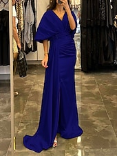 cheap YELLOW-Sheath Evening Gown Elegant Dress Formal Sweep / Brush Train Half Sleeve V Neck Satin with Pleats Ruched Crystals