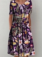 abordables Robes fleuries décontractées-Femmes Robe Midi Robe Décontractée Robe d&#039;été Mode Moderne Quotidien Plage Week-end Coupe régulière Fleuri Manche Courte Col ras du cou Blanche Rouge bleu marine Bleu Roi Été