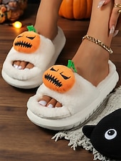 olcso Nőknek-női fehér, bolyhos halloweeni tökcipő – puha beltéri cipő vicces rajzfilmfigurás dizájnnal őszi és ünnepi otthoni viseletre