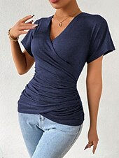 voordelige Sexy topjes voor dames-Dames Zomer tops Effen Stijlvol Modern Korte mouw V-hals Normale tops Dagelijks Feestdagen Met ruches blauw Grijs Zomer