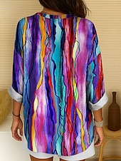 cheap Stripe&amp;Geometric Tops-Women&#039;s Shirt Cotton Linen Shirt Blouse Ombre Graphic Geometric Daily Hawaiian Business Long Sleeve V Neck Regular Tops Work Daily Holiday Buttons Print Black And White Yellow Red Purple Green Summer