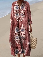 billiga Blommiga klänningar-Dam Maxiklänning Solklänning A linjeklänning Semester Ledigt Boho Utekväll Strand Blommig Grafisk Långärmad V-hals Rödvin Rubinrött Blå Ljuslila Sommar Vår Höst