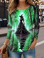 ieftine Topuri de Halloween-Halloween Pentru femei Tricou Grafic Vrăjitoare Epocă Stilat Casual Manșon Lung Stil Nautic Rotund Topuri obișnuite Zilnic Imprimeu Albastru piscină Mov Portocaliu Trifoi Vară Primăvară Toamnă