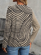 economico T-shirt a righe e geometrico-Per donna Maglietta Grafico Geometrico Moda Casual Manica Lunga Scollo a V Top Regolari Quotidiano Patchwork Bottoni Stampato Nero Marrone chiaro Cachi Primavera Autunno Inverno