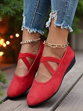 preiswerte Ballerinas für Damen-Rote Damen-Ballerinas aus Wildlederimitat mit gekreuzten Riemen – bequeme Mary-Jane-Schuhe mit niedrigem Keilabsatz für Weihnachtsfeiern, Herbstoutfits und entspannte Wochenendspaziergänge
